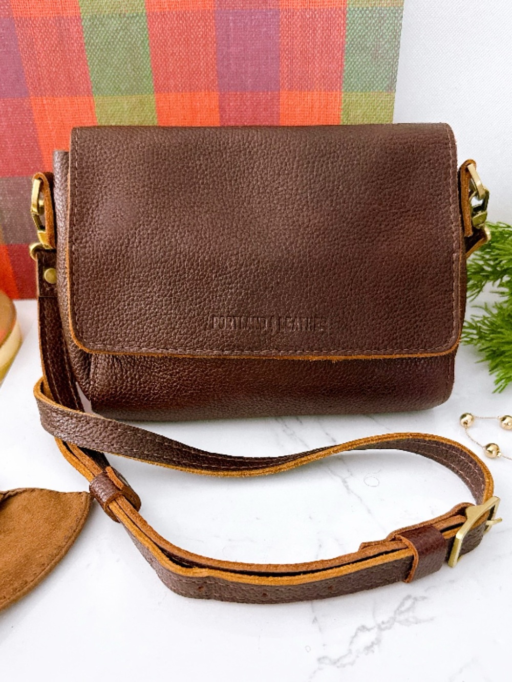 Portland Leather Mini Metro Crossbody Bag Flap Closure Brown Coldbrew Pebbled